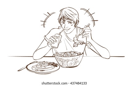 healthy man eating salad