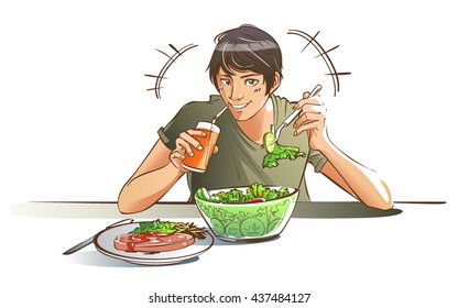 healthy man eating salad Color