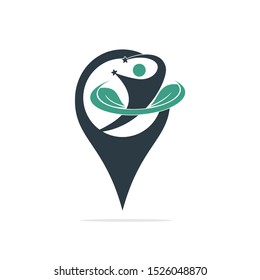 Healthy man and leaves GPS shape figure vector logo design. Ecological and biological product concept sign.