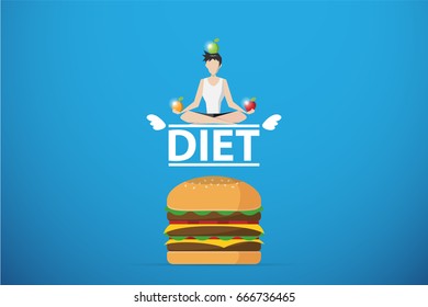 healthy man meditating on diet word over hamburger, diet and health concept