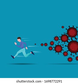 Healthy man in panic runs away from virus , vector illustration
