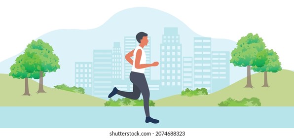 Hombre sano corriendo en la ilustración del vector del parque. Ejercer un concepto saludable. Concepto de estilo de vida saludable