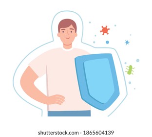 Healthy Man with Shield Surrounded by Invisible Barrier for Bacterial Attack Vector Illustration
