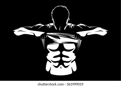 Healthy Man Showing Abdominal Muscles With Taking Off His Shirt.