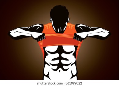 Healthy Man Showing Abdominal Muscles And Strong Body With Taking Off His Orange Shirt. 