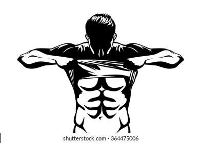 Healthy Man Showing Abdominal Muscles Body With Taking Off His Shirt On Isolated