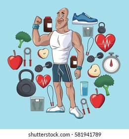 healthy man sport food concept elements