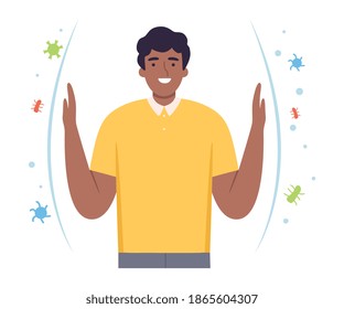 Healthy Man Surrounded by Invisible Barrier for Bacterial Attack Vector Illustration