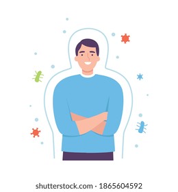 Healthy Man Surrounded by Invisible Barrier for Bacterial Attack Vector Illustration