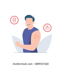 Healthy Man While Workout Program Vector Flat Illustration, Man Show Build Muscle For Good Healthy Vector Illustration