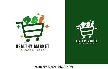 Healthy market logo design. Supermarket symbol with trolley and vegetable concept