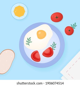 Healthy meal, breakfast with scrambled egg, chopped tomatoes, parsley, greens, orange juice, whole wheat bread, napkin. Vector flat illustration in bright colors for a poster, greeting cards, template