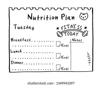 Healthy meal concept for weight loss, calories count in kcal. Cartoon illustration of nutrition plan. Hand drawn diet plan in doodle style for breakfast, lunch and dinner. Tuesday Diet diary planner