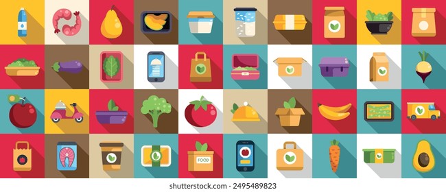 Healthy meal delivery icons set. Food delivery app concept showing online order and shipping with fruits, vegetables, ready meals and beverages