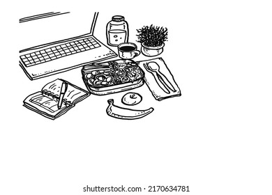 Healthy meal food for office worker. Lunch box on work place of working desk. Cartoon vector illustration design