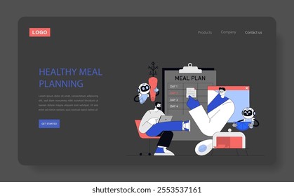 Healthy Meal Planning concept. A person creating a balanced diet with help from a digital interface and fun food characters. Streamlined nutrition management. Vector illustration.