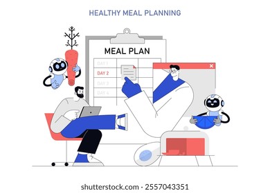 Healthy Meal Planning concept. A person creates a meal plan with the aid of cheerful robot assistants, promoting balanced nutrition. Vector illustration.