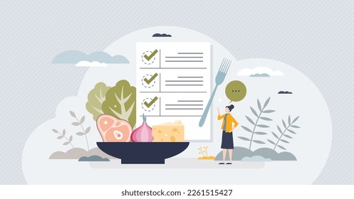 Healthy meal planning with daily food ingredients list tiny person concept. Weekly eating schedule with plan for slimming, detox and wellness vector illustration. Calories counting and diet program.