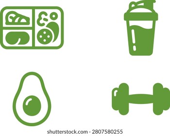 Healthy meal prep with a bento box, protein shake, avocado, and dumbbell for fitness