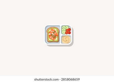 Healthy Meal Prep Bento Box with Smoked Salmon Avocado Toast, Hummus, Cucumber, and Tomatoes Vector Illustration