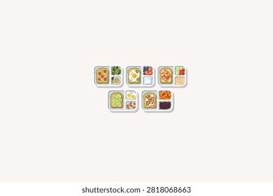 Healthy Meal Prep Bento Box Set with Various Avocado Toast Variations Vector Illustration