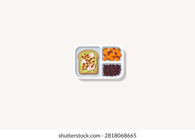 Healthy Meal Prep Bento Box with Avocado Toast, Radish, Sweet Potato, and Black Beans Vector Illustration