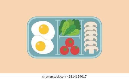Healthy meal prep lunch box container filled with fried eggs, fresh green spinach, red tomatoes, and mushrooms.
