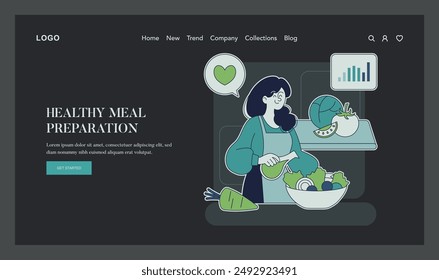 Healthy meal preparation concept. Woman slicing vegetables for a nutritious dish, embracing a balanced diet and wellness. Cooking, healthy lifestyle, and nutrition. Vector illustration.