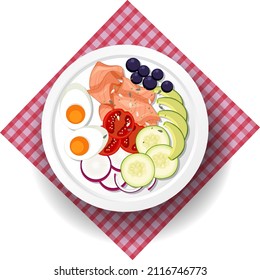 Healthy meal with salmon and salad illustration