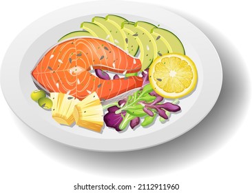 Healthy meal with salmon steak on white plate illustration