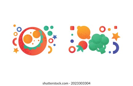 Healthy Meal Set, Fried Eggs, Lemon, Tomato and Broccoli Flat Vector Illustration