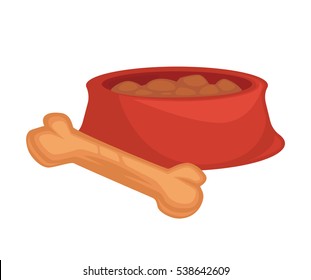 Healthy meal snack for pets  Vector icon dog feed in dish  Doggy food in bowl: snack  biscuit  cookie meat   bone  Cartoon pets nutrition illustration isolated white background 