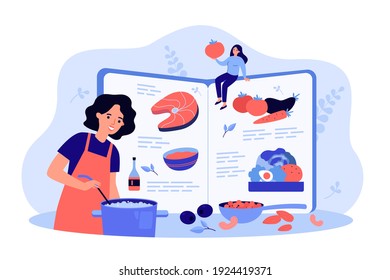 Healthy meals recipe book vector illustration. Female chef cooking from fresh ingredients for restaurant lunch or dinner menu. Culinary or organic nutrition concept