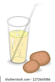 Healthy medicinal drink. In a glass of natural vegetable juice and ripe fruit of potatoes. Vector illustration.