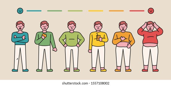 Healthy men and obese men. The green light goes to the left, the red light goes to the right. Medium level characters. flat design style minimal vector illustration.
