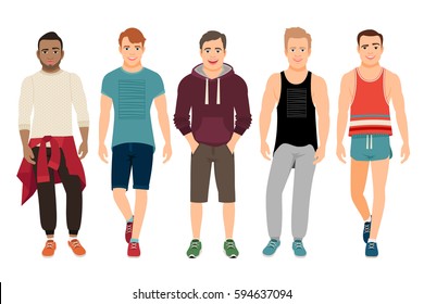 Hombres sanos en la ilustración vectorial de ropa deportiva. Hombres jóvenes guapos en forma informal encajan aislados en fondo blanco