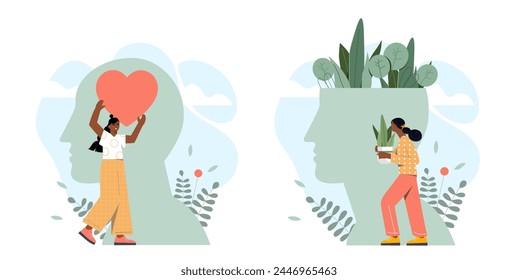 Concepto de mentalidad saludable. Mujer con corazones y libros en las manos cerca de la silueta de las cabezas. Bienestar mental y bienestar psicológico. Conciencia y atención plena. Ilustración vectorial plana de dibujos animados