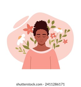 Healthy Mentality and Self Care. Happy Black Woman Feel Confident, Relax, Accept and Love Herself. Flat Vector Illustration.