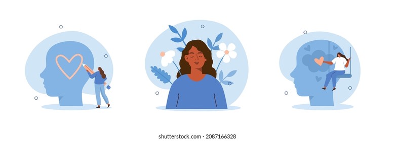 Healthy mentality and self care illustration set. Happy woman feel confident, relax, accept and love herself. Selfcare and acceptance concept. Vector illustration.