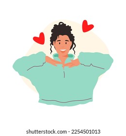 Healthy mentality and self care illustration set. Happy woman feel confident, relax, accept and love herself. Selfcare and acceptance concept. Vector illustration.