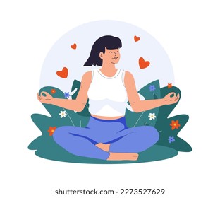 Healthy mentality and self care illustration. Happy woman feel confident, relax, accept and love herself. Selfcare and acceptance concept. Vector illustration.