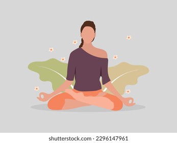 Healthy mentality and self care illustration. Happy woman feel confident, relax, accept and love herself. Vector illustration.