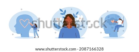 Healthy mentality and self care illustration set. Happy woman feel confident, relax, accept and love herself. Selfcare and acceptance concept. Vector illustration.
