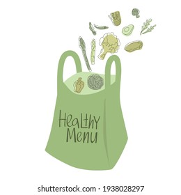 Healthy menu sign on eco shopping paper bag with green vegetables outline flat illustration. Zero waste, plastic free, bio market concept. Vector stock illustration isolated on white background.