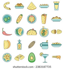 Healthy mexican food icon set. Outline set of healthy mexican food vector icons thin line color flat on white