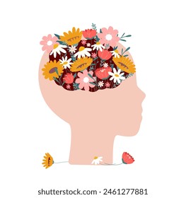 Healthy mind and brain. Mental healthcare metaphor, human face silhouette and floral bouquet in head. Fresh and creativity, vector concept