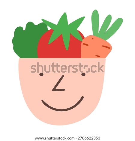 Healthy Mind Concept. Minimal vector illustration of smiling head with growing vegetables. Icon for mental health, vegan lifestyle and wellness blog.