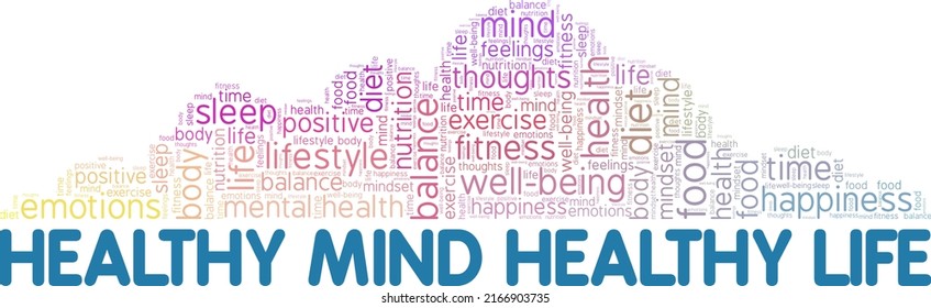 Healthy Mind, Healthy Life Word Cloud Conceptual Design Isolated On White Background.