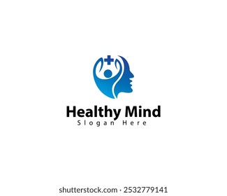 Logotipo da mente saudável com cabeça, pessoas e conceito de folha simples e elegante