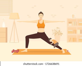 Healthy Mom doing yoga in the Warrior Pose and her kid sleeps on her leg in the living room. Virabhadrasana Pose. Illustration of the New normal about fitness at home.